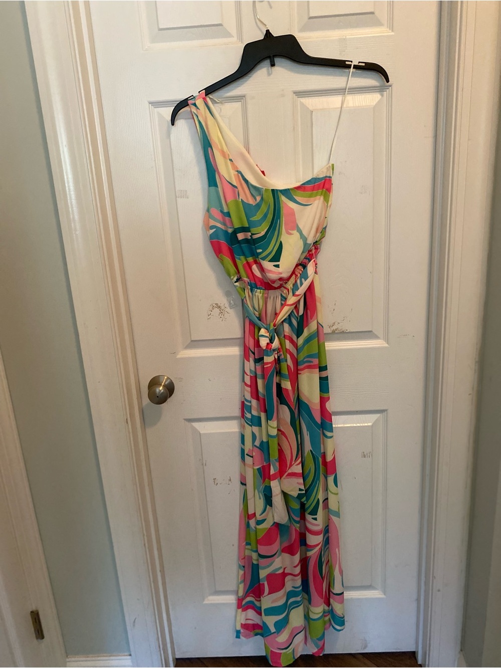 Flying Tomato One-Shoulder Maxi Dress in Pink, Teal, Yellow, Cream